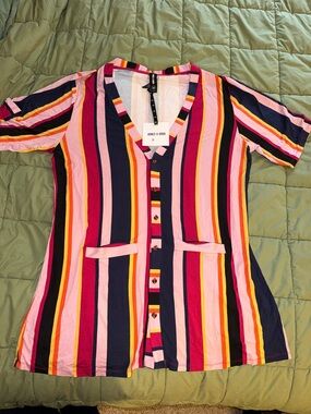 Agnes & Dora Striped Button Front Tunic - Pink Navy Yellow Sz. XL NWT